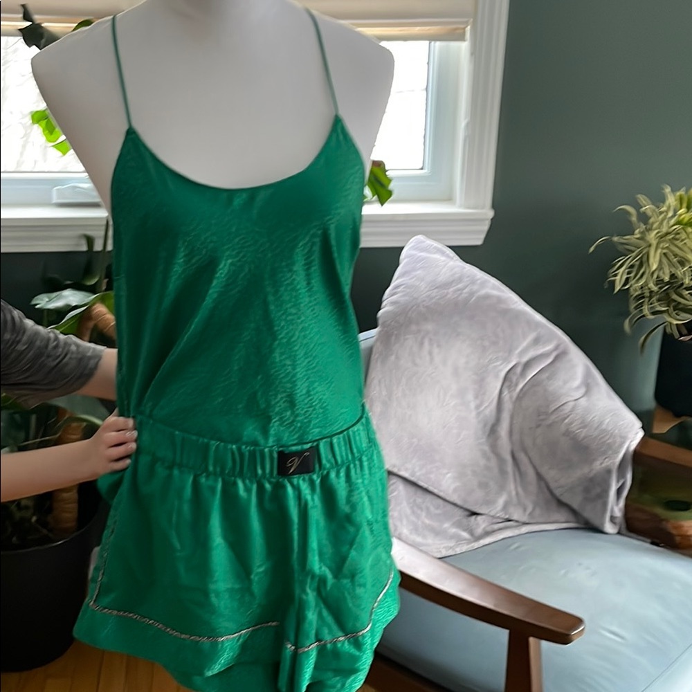 Green Satin Spaghetti Strap Top and Shorts Set